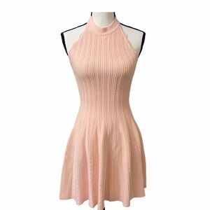 Bebe Sleeveless Rib-Knit Halter Fit & Flare Dress in Blush Pink